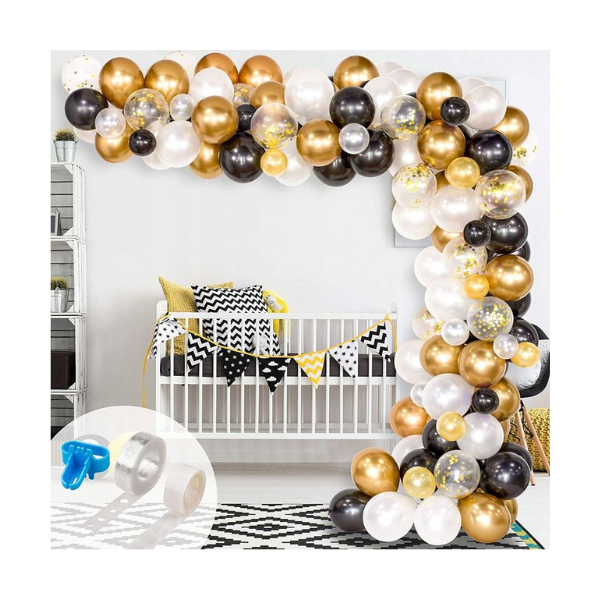 Girlandenballons Schwarz-Gold-Weiß + Goldkonfetti 120 Stk