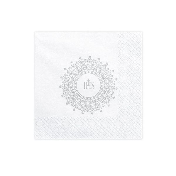 White napkins + silver inscription IHS 20 pcs