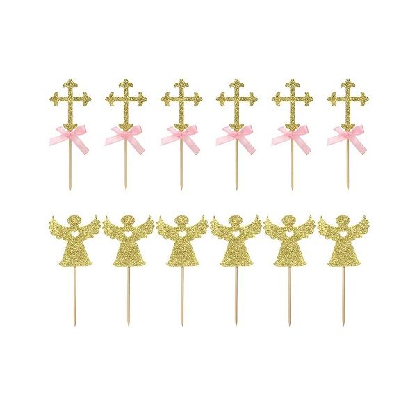 Zápich - anjel a krížik s ružovou mašľou 12 ks