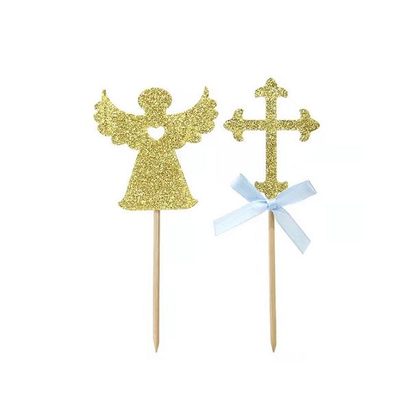 Zápich - anjel a krížik s modrou mašľou 12 ks