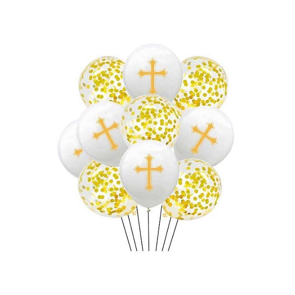 Gold-weiße Luftballons mit Kreuz 10 Stk