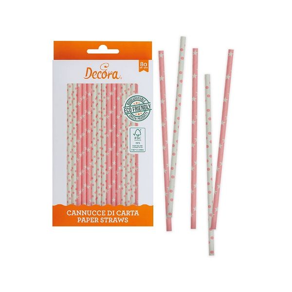 White-pink paper straws with dots and stars 80 pcs