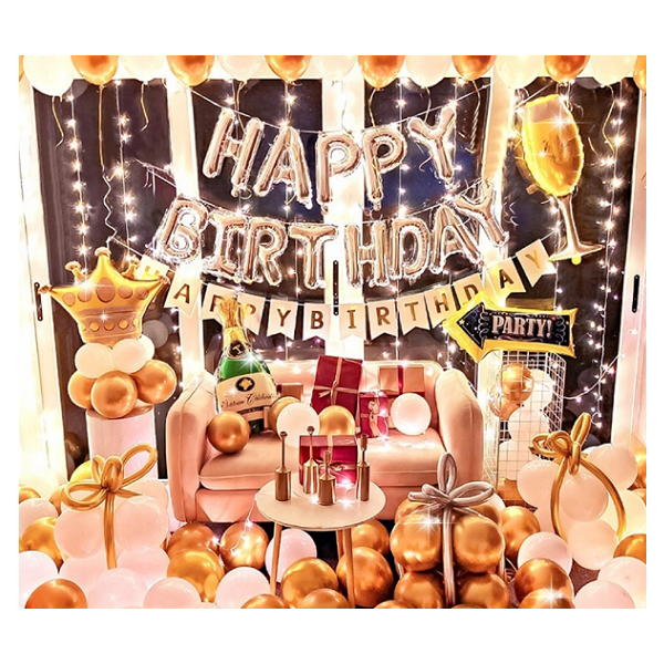Girlanda balonowa + napis Happy Birthday w kolorze złotym LED