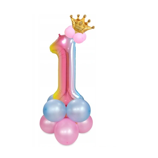 Rainbow pink-blue balloons with a crown no. 1