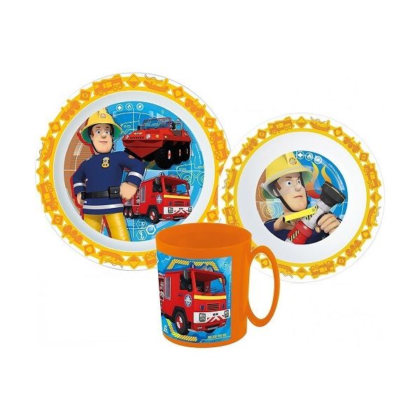 Firefighter Sam set - 2x plate and cup, plastic