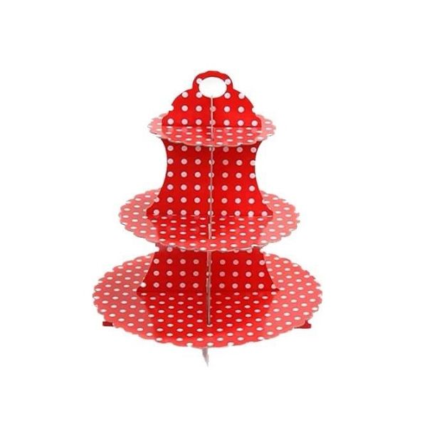3-tier red muffin stand with dots