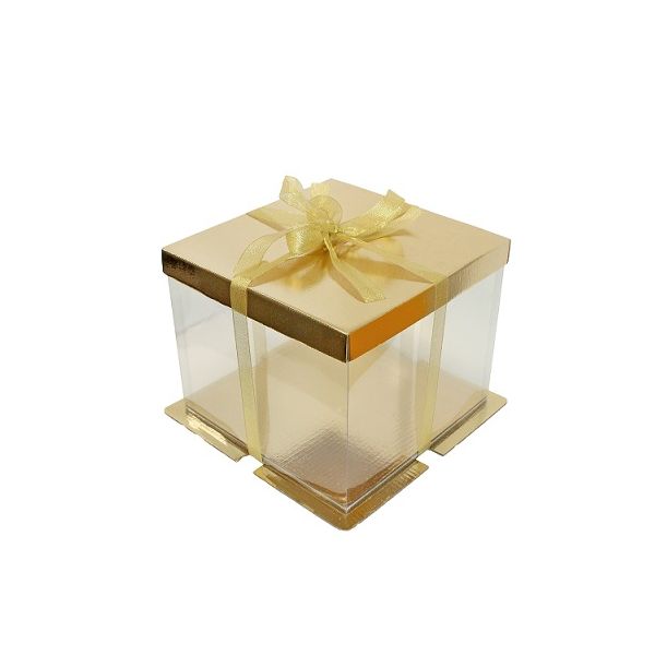 Krabička na tortu priesvitná zlatá so stuhou 30 x 30 x 25 cm