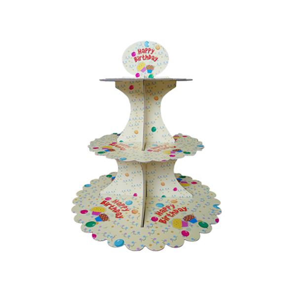 Ständer für Muffins mit gelber Aufschrift „Happy Birthday“.