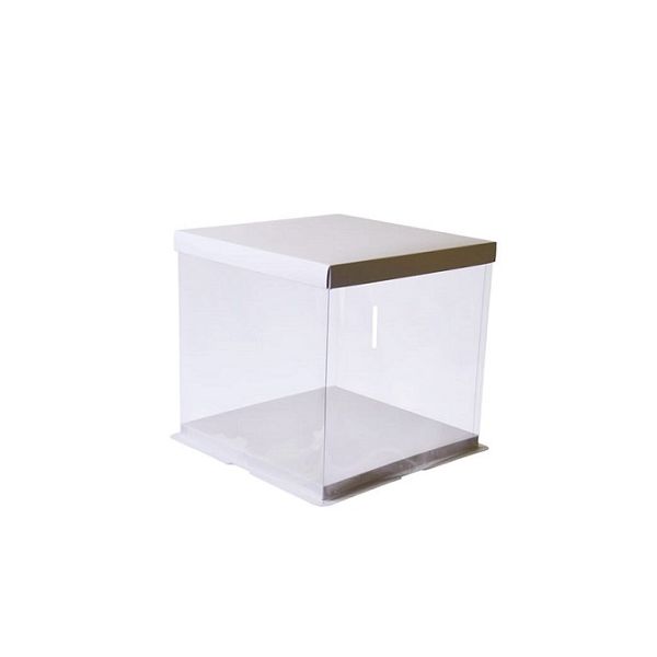 Przezroczyste białe pudełko na ciasto o wymiarach 30 x 30 x 25 cm