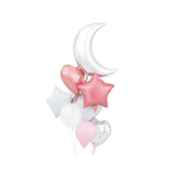 Balóny bielo-strieborno-ružové, mesiac, hviezdy, srdce 8 ks