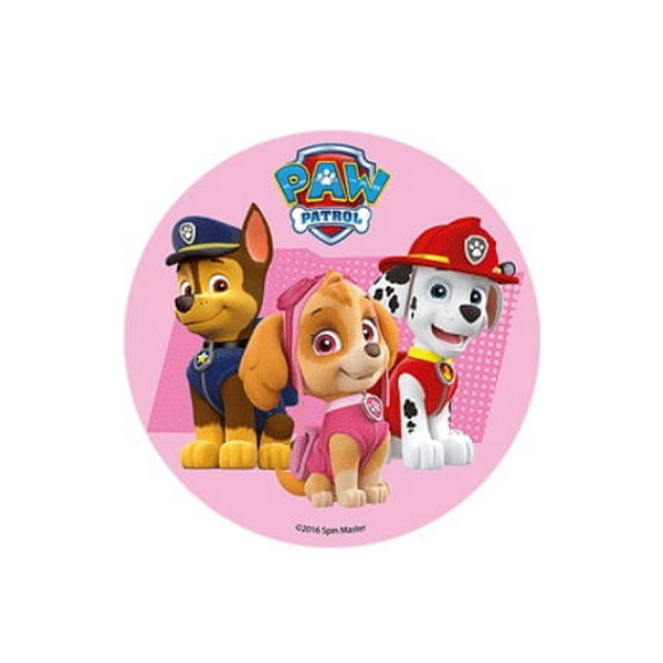 Oblátka Paw Patrol - Chase, Skye, Marshall s ružovým pozadím Oblátka Paw Patrol - Chase, Skye, Marshall s ružovým pozadím