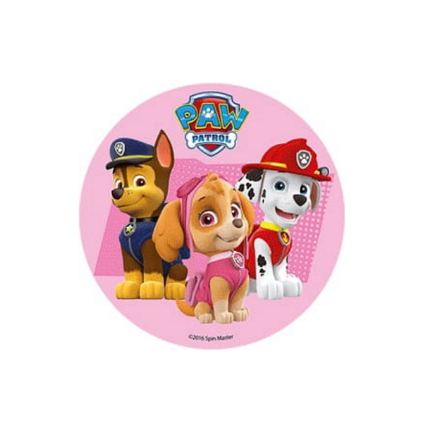 Wafer Paw Patrol - Chase, Skye, Marshall with a pink background