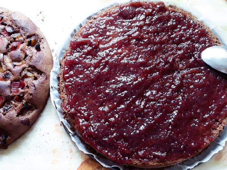 Gluten-free rhubarb cake with strawberry jam