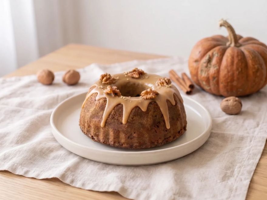 Gluten-free pumpkin cake with nuts and caramel icing