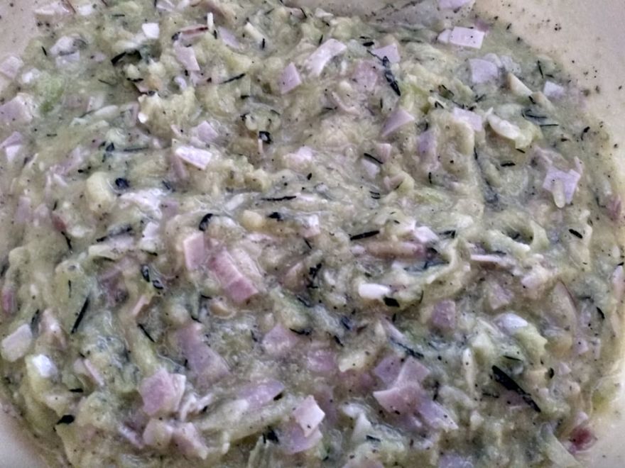 Gluten-free zucchini pancakes with bacon and smoked cheese