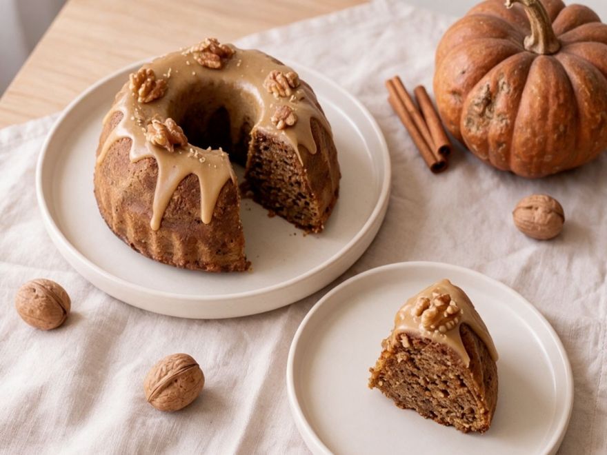 Gluten-free pumpkin cake with nuts and caramel icing
